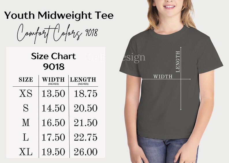 Puede incluir: Una camiseta gris carb&oacute;n de manga corta etiquetada como Youth Midweight Tee Comfort Colors 9018. Una tabla de tallas muestra medidas de ancho y largo en pulgadas para tallas de XS a XL, desde 13.50 a 19.50 pulgadas de ancho y 18.75 a 26.00 pulgadas de largo.