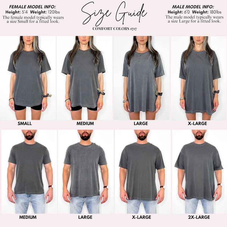 Puede incluir: Gu&iacute;a de tallas para camisetas Comfort Colors 1717. La imagen muestra modelos que visten varias tallas, desde la peque&ntilde;a hasta la 2XL. La modelo femenina mide 163 cm y pesa 54 kg, mientras que el modelo masculino mide 183 cm y pesa 82 kg.