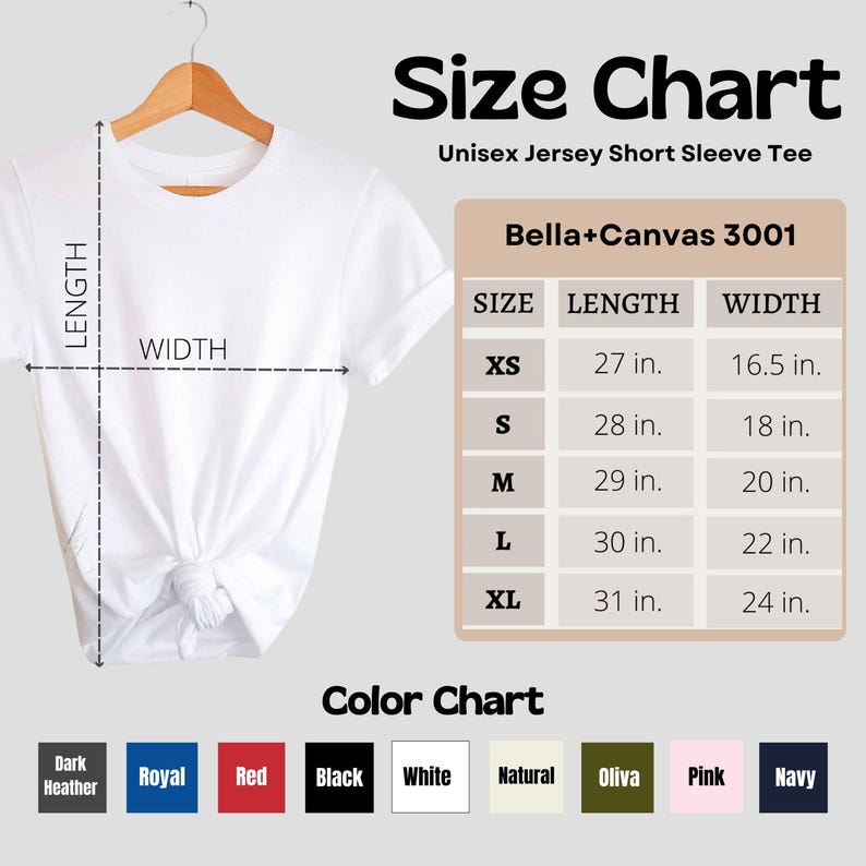 Puede incluir: Una camiseta blanca unisex de manga corta en una percha. La imagen incluye una tabla de tallas con medidas en pulgadas y una carta de colores con varias opciones, incluyendo negro, blanco y marino.