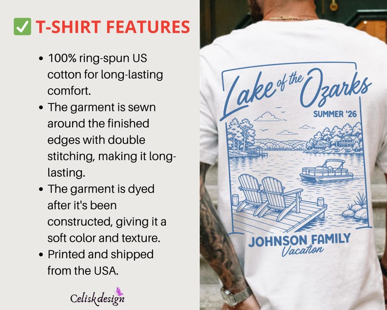 以下が含まれることがあります： 白いTシャツ。青い湖のグラフィックと「Lake of the Ozarks SUMMER '26」と「JOHNSON FAMILY Vacation」の文字。快適さを追求したリングスパンコットン製。