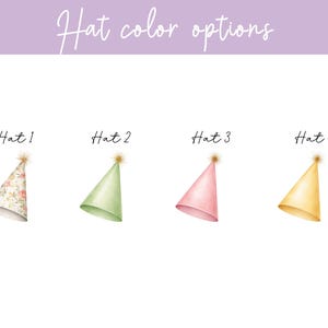 May include: Four cone-shaped party hats labeled Hat 1, Hat 2, Hat 3, and Hat 4. Hat 1 features a floral pattern, Hat 2 is light green, Hat 3 is light pink, and Hat 4 is yellow. Each hat is topped with a small gold pom-pom and text reads Hat color options.