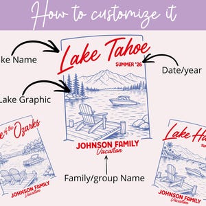 Puede incluir: Una plantilla de dise&ntilde;o gr&aacute;fico que muestra c&oacute;mo personalizar ilustraciones de vacaciones en lagos. Incluye tres dibujos de lagos con texto rojo para nombres y fechas, y l&iacute;neas azules de muelles, sillas, barcos y monta&ntilde;as con etiquetas.