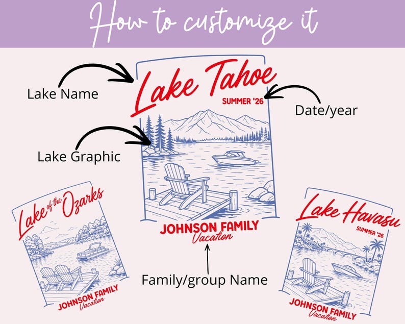 Puede incluir: Una plantilla de dise&ntilde;o gr&aacute;fico que muestra c&oacute;mo personalizar ilustraciones de vacaciones en lagos. Incluye tres dibujos de lagos con texto rojo para nombres y fechas, y l&iacute;neas azules de muelles, sillas, barcos y monta&ntilde;as con etiquetas.