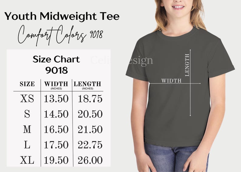 以下が含まれることがあります： グレーの Youth Midweight T シャツ。幅と長さをセンチメートルで示すサイズチャートがあります。シャツは人に着られています。サイズチャートには、XS（幅34.3cm、長さ47.6cm）からXL（幅49.5cm、長さ66.0cm）が含まれています。
