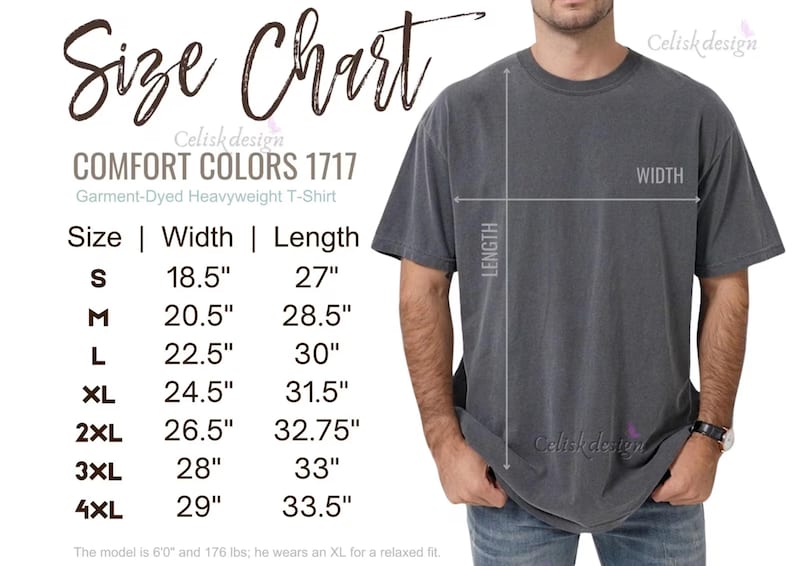 Puede incluir: Tabla de tallas para una camiseta pesada te&ntilde;ida en prenda Comfort Colors 1717. La tabla enumera las tallas S a 4XL, con las medidas de ancho y largo en cent&iacute;metros. Una persona lleva la camiseta, con las medidas indicadas.