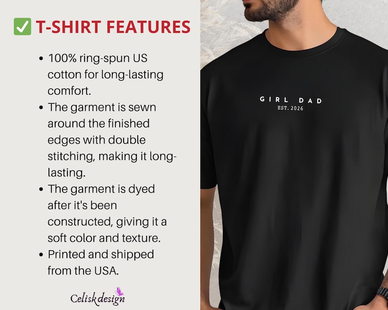 Pode incluir: Camiseta preta com o texto branco "GIRL DAD EST. 2026". A camisa &eacute; feita de algod&atilde;o americano 100% ring-spun para conforto e tem bordas com costura dupla para durabilidade. A pe&ccedil;a &eacute; tingida para uma textura macia.