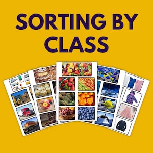 Peut inclure: Un ensemble de cartes de tri avec des images de différentes catégories, notamment des véhicules de chantier, des desserts, des fruits, des poissons et des vêtements. Les cartes sont imprimées sur du papier blanc et ont une bordure noire.