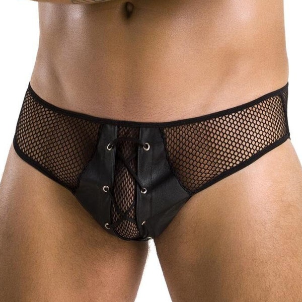 Mens Briefs Fishnet and Faux Leather