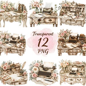 May include: A collection of 12 digital illustrations featuring vintage writing desks, antique typewriters, stacks of books, inkwells, quill pens, and bouquets of soft pink roses with green foliage, all presented in a watercolor style with text reading Transparent 12 PNG.