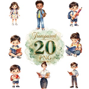May include: A collection of eight watercolour-style illustrations featuring children and a teacher with school supplies, books, and backpacks. The central graphic displays the text Transparent 20 PNG over a green and gold watercolour background.