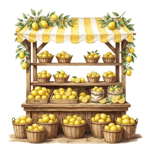 May include: A wooden market stall with a yellow and white striped awning, decorated with lemon branches. The stall features multiple shelves and crates filled with yellow lemons, including several woven baskets and two fabric sacks.