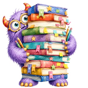 Könnte beinhalten: Ein flauschiges lila Monster mit gelb-orange gestreiften Hörnern und einer großen runden Brille, das einen hohen Stapel bunter Bücher hält. Die Bücher sind mit verschiedenen sternförmigen Ausschnitten, kleinen Haftnotizen und Stiften verziert.