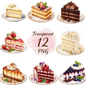 Könnte beinhalten: Eine Sammlung von acht verschiedenen Kuchenstücken auf dekorativen Tellern, darunter Vanille-, Schokoladen-, Erdbeer- und Beerenkuchen. In der Mitte steht der Text Transparent 12 PNG, der eine Auswahl an geschichteten Desserts zeigt.