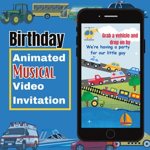Uitnodiging voor verjaardagsfeestje - Gepersonaliseerde uitnodiging voor kinderen, jongens, meisjes - bewerkbare sjabloon - Digital Evite - auto's, vrachtwagen, boot, vliegtuig, trein