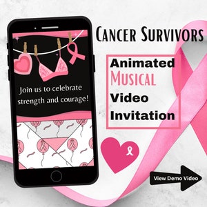 May include: A pink ribbon and a heart with a pink ribbon are on a black smartphone screen. The screen also shows a pink bra and a heart with a pink ribbon. The text on the screen says "Join us to celebrate strength and courage!" The smartphone is on a white background with a pink ribbon.