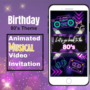 Personalized 80&#39;s Themed Birthday Invitation Video with Music - Animated Neon Evite - Easy to Edit
