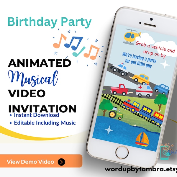 Birthday video invitation, easy to edit template, animated musical video, personalized invite, digital video invite, cars, trains