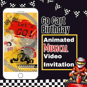 ゴーカート誕生日パーティー招待状 - 編集可能なテンプレート - パーソナライズされた招待状 - デジタルアニメーションビデオ招待状 - レーストラック - 子供、トゥイーン、ティーン