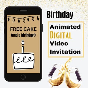 Free Cake Birthday Party Invitation - Editable Template - Personalized Invite - Digital Evite - Animated Musical Video - Adults, Women, Men