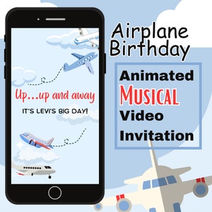 Digital Airplane Birthday Animated Musical Video Invitation - Up, Up, and Away Adventure, personalized invite - Kids Party