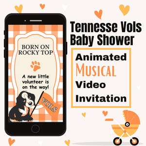 Puede incluir: Invitación animada a un vídeo musical para un baby shower de Tennessee Vols. La invitación presenta un perro de dibujos animados con un sombrero Vols y sosteniendo una bandera que dice "VOLS". También se incluye el texto "Born on Rocky Top".