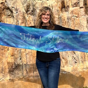Jehovah Shalom - The LORD is my peace Eph. 2:14 hand painted silk scarf worship dance flag blue one of a kind prophetic art names of God
