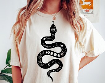 Celestial Snake Tee, Botanical Mystical Moon Phase T-Shirt, Moon Child Crystal Occult Cosmic Shirt, Trendy Boho Witchy Shirt