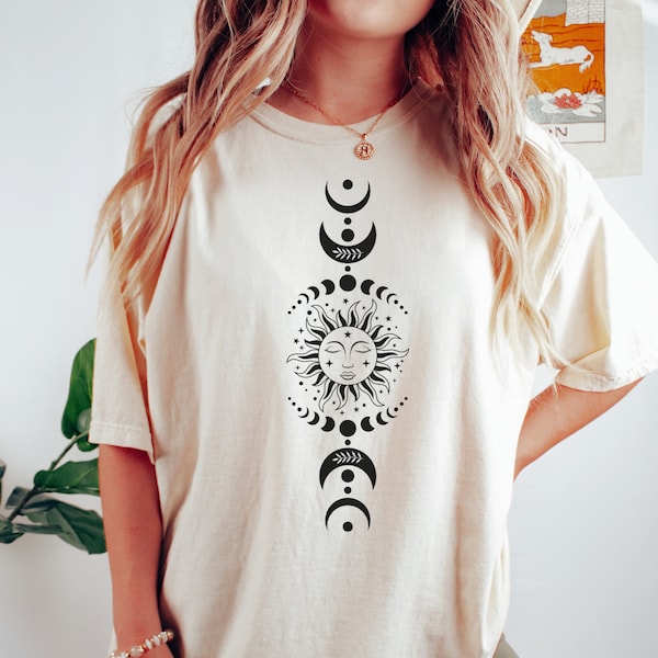Boho Sun Moon Shirt, Witchy Occult Crystal T-Shirt, Mystical Moon Phase Graphic Tee, Moon Child Celestial Pagan Trendy Tee