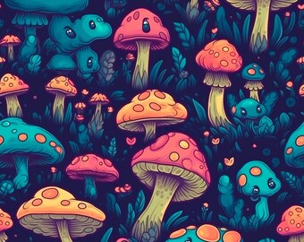 Seamless pattern, cartoon, cute mushrooms, neon colors, digital download pattern png
