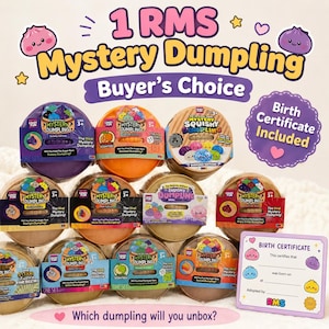 May include: A collection of 1 RMS Mystery Dumpling toy containers in various colors including purple, orange, and tan. Each container features a label with text like Galaxy Edition, Sherbet, and Starlight. A purple birth certificate card is included.