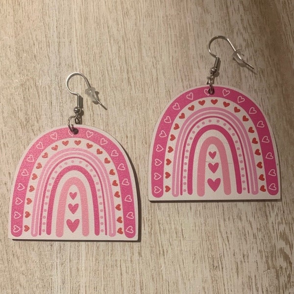 Valentines Pink Heart Rainbow Cute Boho LOVE Be Mine Earrings Flashy Versatile Dangle Lightweight Wood- Great Quality Earrings Durable Comfy
