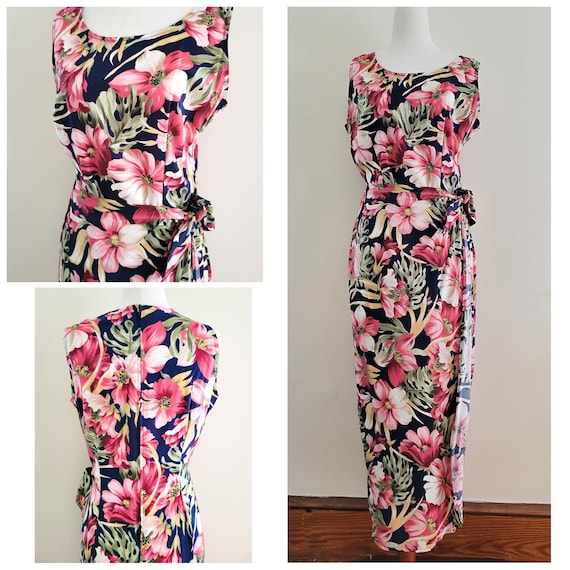 Vintage 90s Navy and Pink Floral Wrap Dress