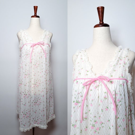 60s Penney Gaymode White and Pink Floral Chemise - image 1