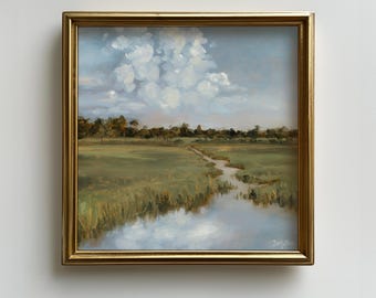 Impresión de pintura de pantano, impresión de pintura al óleo de paisaje, arte costero, pantano azul y verde, pintura de río, pintura de tierras bajas, arte sureño