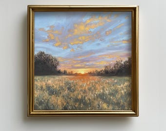 田舎道の絵画、草原の風景画、日の出の油絵、ピンクの空のアート、田舎