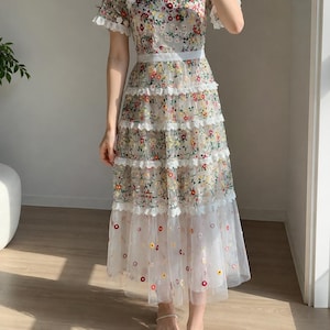 slim fit dress slacks White V Neck 3D Flower Applique Long Prom Dress, V Neck White Formal D –  abcprom main image 1