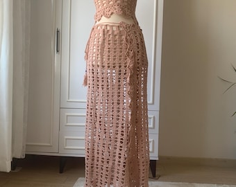 HandKnit Beach Cover Up and Bikini Set, Crochet Festival Set,  Beach Boho Outfit
