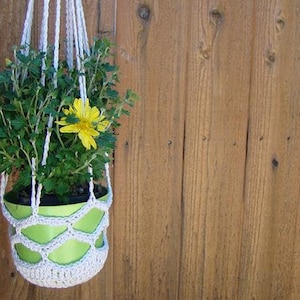 May include: A green hanging planter with a white crocheted macrame design, holding a potted plant with yellow flowers and green leaves.