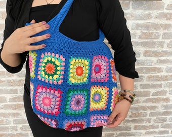 Crochet Shoulder Bag with Long Strap, Handmade Gift, Granny Square Design, Rainbow Crochet Bag