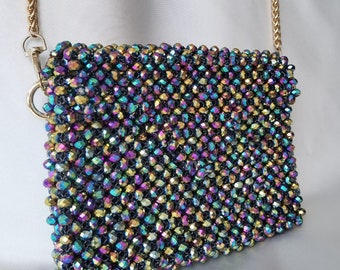 Shiny Crystal Bead Bag, Beaded Shoulder Bag, Plum Bag