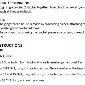 May include: Crochet instructions for a gingerbread house. The instructions include a list of abbreviations, notes, and step-by-step instructions for the front of the house.