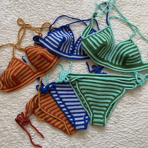 CROCHET PATTERN, Striper Bikini Set Pattern, Classic Bikini, Two Piece Swimsuit Crochet Pattern, Beach Swimwear PDF Instructions with Photos