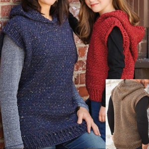 May include: Three hooded crochet vests in different colours: blue, red and brown. The vests are sleeveless and have a loose fit.