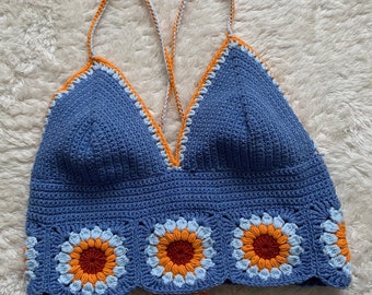 CROCHET PATTERN, Sunflower Top Crochet Pattern, Crop Top Pattern, Granny Square Top Pattern, Crochet Halter Top Pattern
