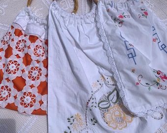 Textile Tote Bag, Handmade Lace & Cross Stitch Bag, Upcycled Cottagecore Boho Tote with Bamboo Handles