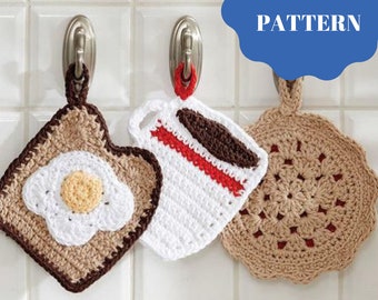 PATRÓN DE GANCHILLO, juego de 3 patrones de agarraderas, patrones de tarta de cerezas, taza de café, tostadas y huevos