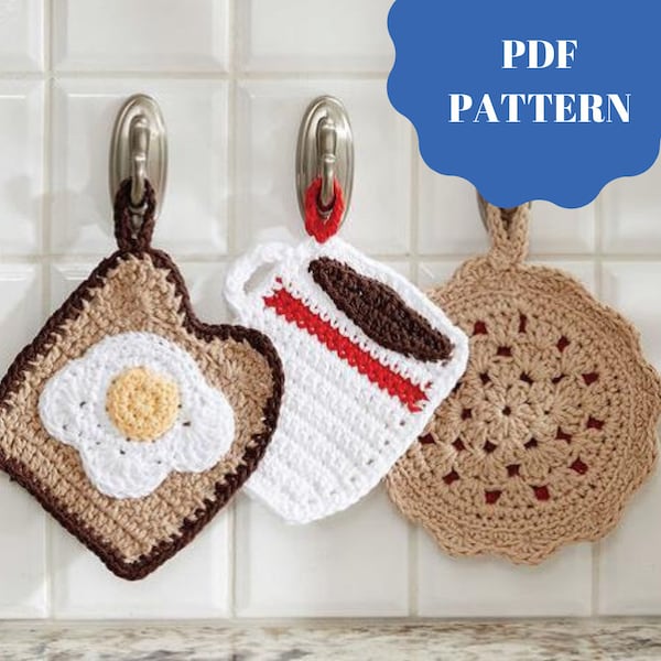 CROCHET PATTERN, set of 3 pot holder patterns, cherry pie, coffee cup, toast and egg patterns