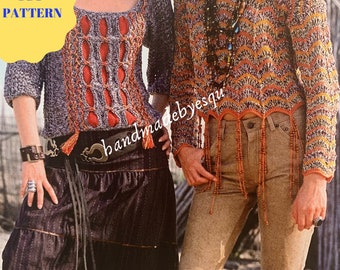 PDF Strickmuster 2 in 1 , Boho Pullover Anleitung, Vintage Muster für Damen, Hippie Pullover