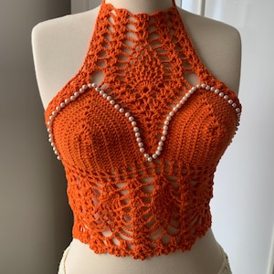 Crochet top with beads, crochet crop top, handmade top, crocheted top, crochet halter top