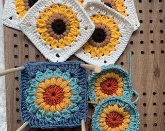 CROCHET PATTERN,  Sunflower Granny Square Pattern, Sunflower Square Crochet Pattern, Easy Sunflower Crochet, Crochet Pattern Beginner